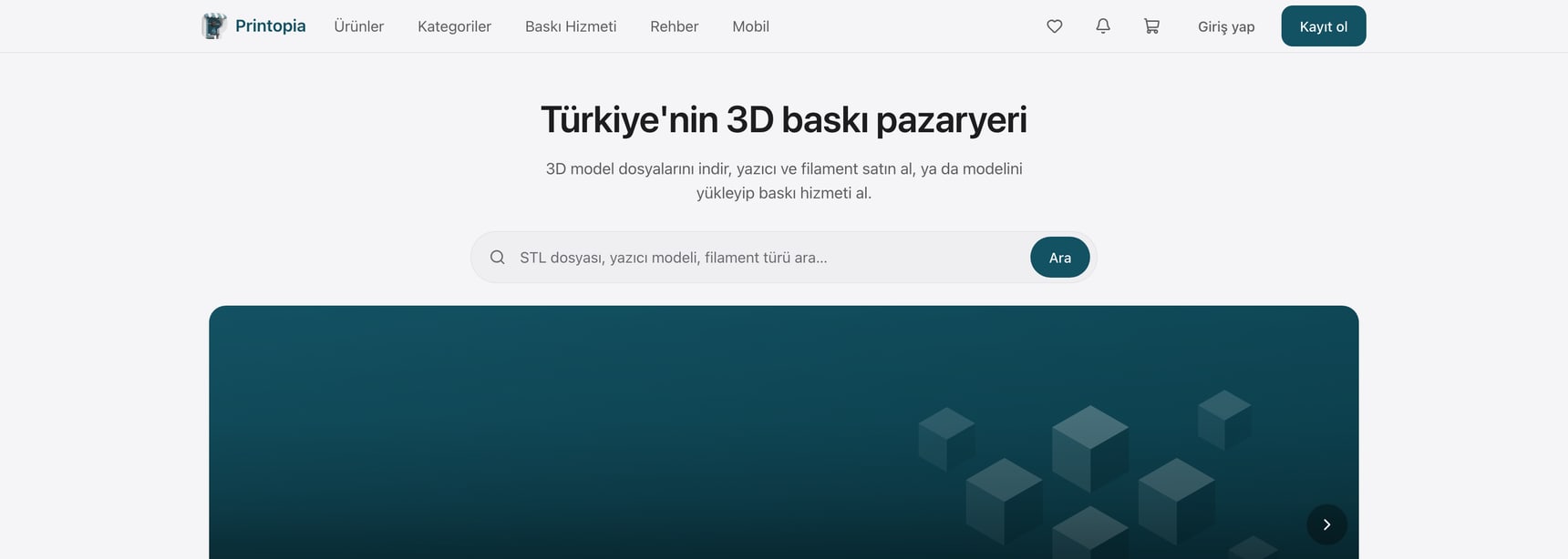 Printopia ana sayfası: başlık, arama kutusu ve kampanya şeridi.