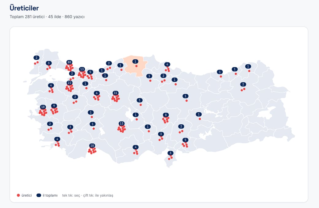 3DO yönetim panelindeki üretici haritası: Türkiye haritası üzerinde il bazında nokta ve sayı rozetleri.