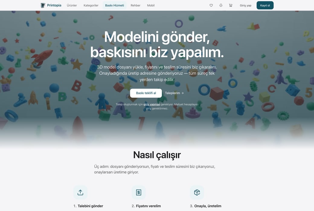 Printopia baskı hizmeti sayfası: "Modelini gönder, baskısını biz yapalım" başlığı ve altında üç adımlı "Nasıl çalışır" akışı.
