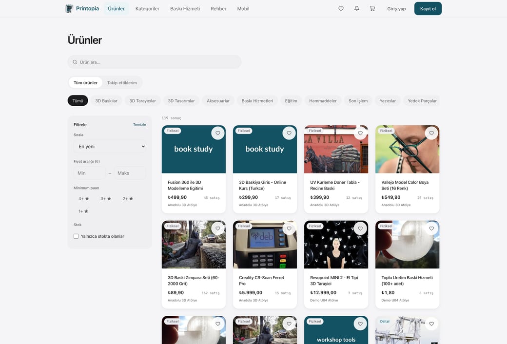 Printopia ürünler sayfası: arama kutusu, kategori rayı, filtre paneli ve ürün kartları.